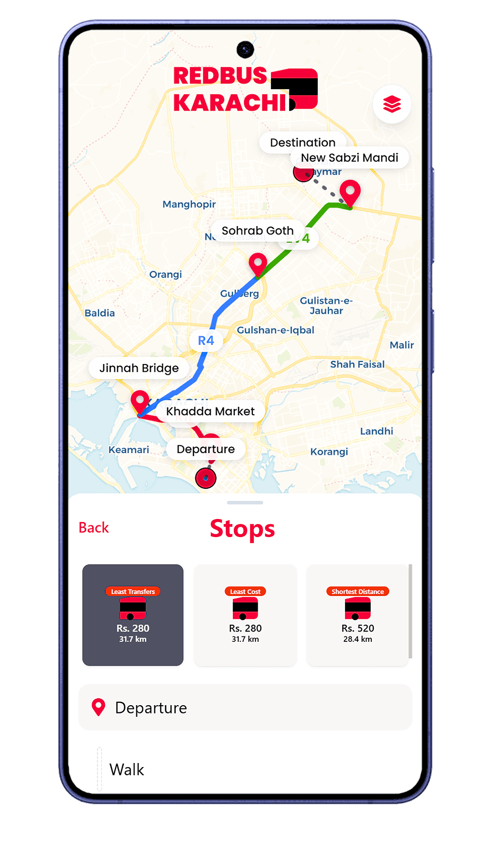 RedBus Karachi app showing a planned bus route with stops
